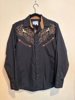Deep Black Button Up with Golden Brown Western Embroidery and Horse Detail